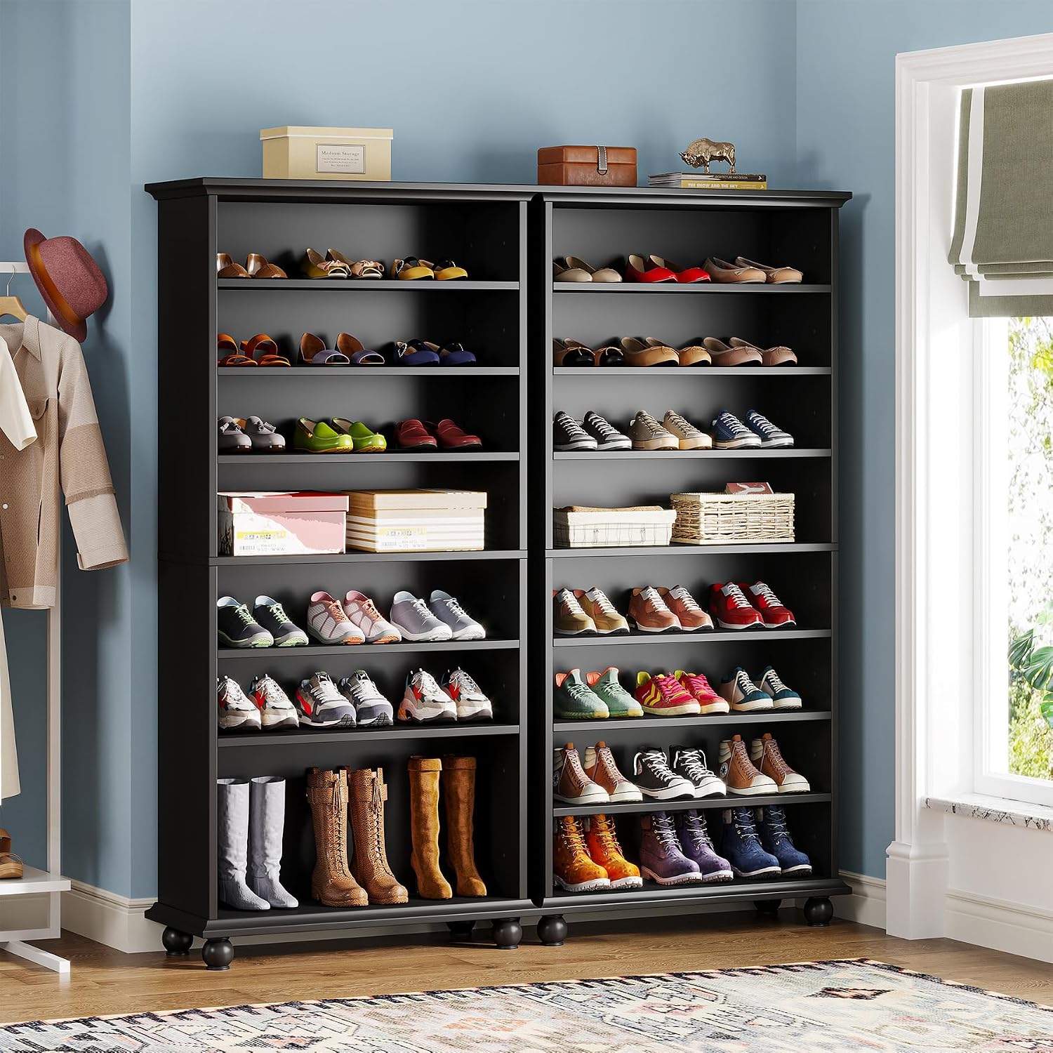 Tribesigns Narrow Tall Shoe Cabinet with LED Lighting, 9-Tier 30 Pairs Freestanding Shoes Storage Cabinet, Wood Shoe Organizer Cabinet with Solid Wooden Legs for Entryway (2, Black)