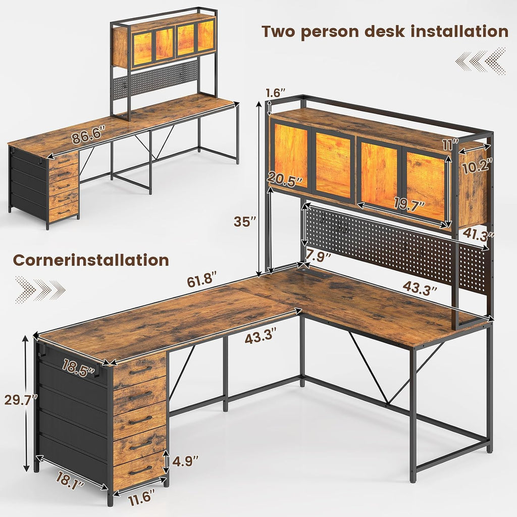 SEDETA L Shaped Gaming Desk with Drawers, L Shaped Computer Desk with Hutch and Storage Shelves, Gaming Desk with Pegboard, Led Lights, and Power Outlet, Home Office Desk, Corner Desk, Rustic Brown