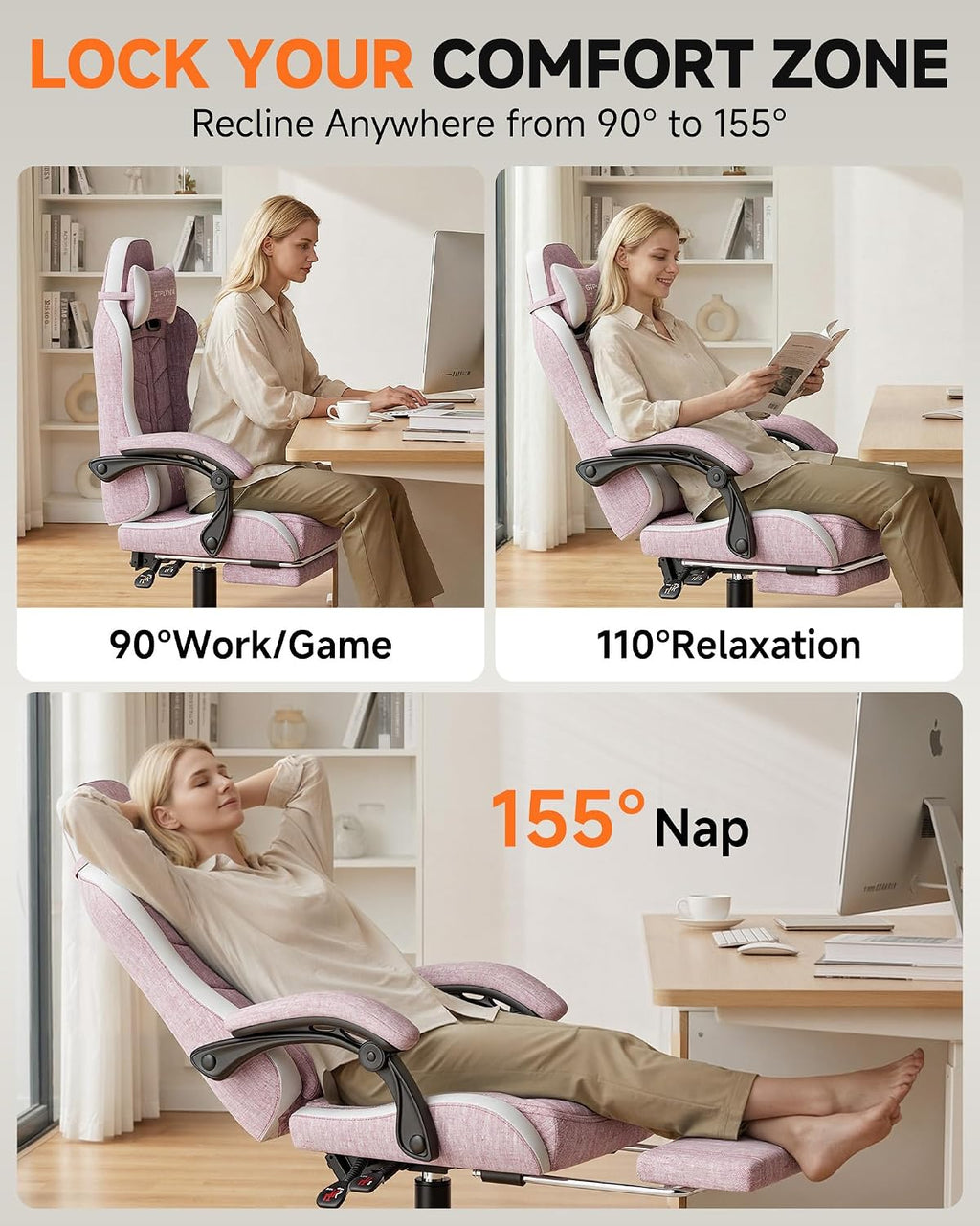 GTPLAYER Gaming Chair for Adults, Ergonomic Computer Gaming Chair with Footrest, Height Adjustable, 90-155° Recline & Removable Headrest Lumbar Support, Valentines Day Gift, Pink