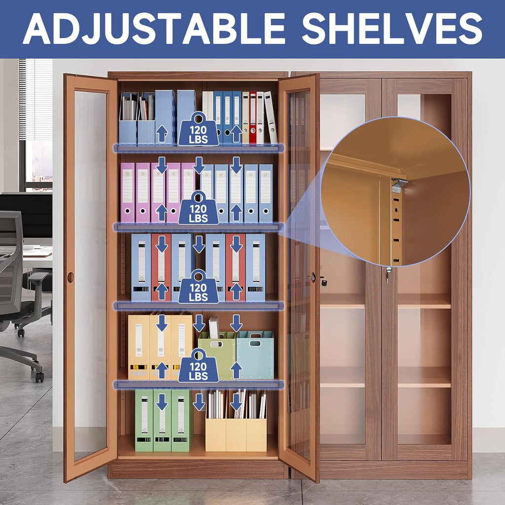 Display Cabinet with Glass Doors, Display Case Cabinet for Collectibles, Curio Display Cabinet with 4 Adjustable Shelves, 71' Glass Display Cabinet for Home Living Room (Wood Color)