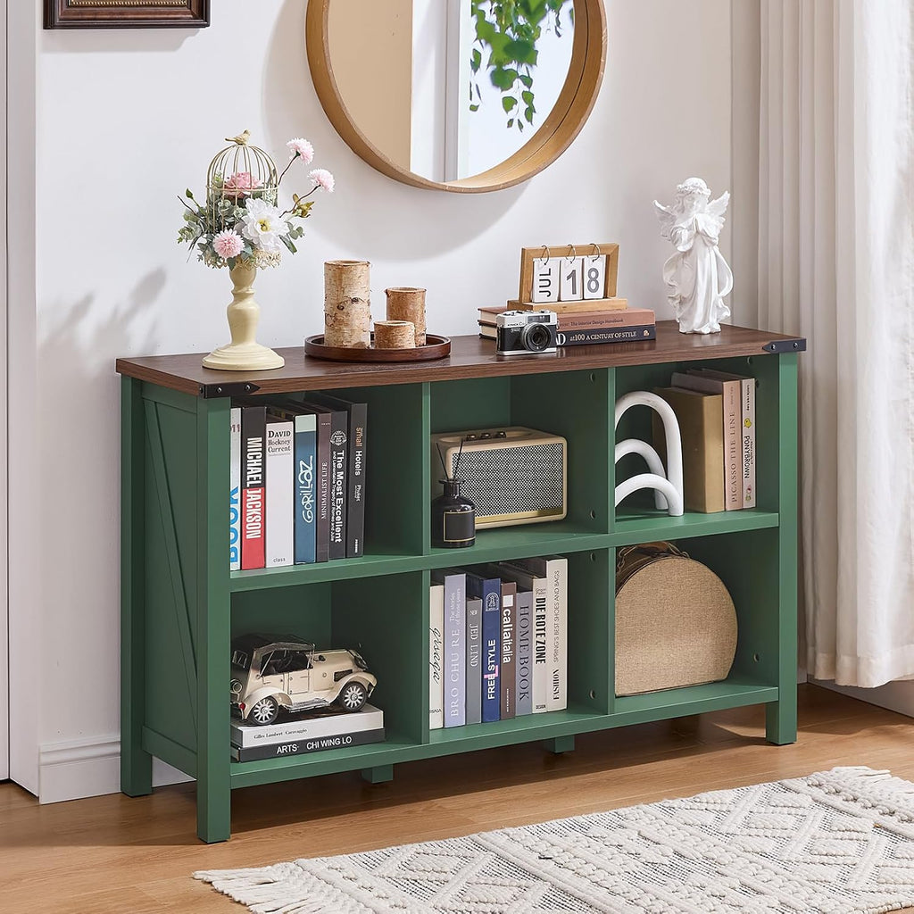 Joaxswe 6 Cube Storage Organizer, Farmhouse Green 47 Inch Wide Horizontal Bookshelf, Wooden 2 Tier Display Book Shelf, Rustic Low Book Case for Living Room (Green, 6 Cube (13.6'D x 47.24'W x 29.7'H))