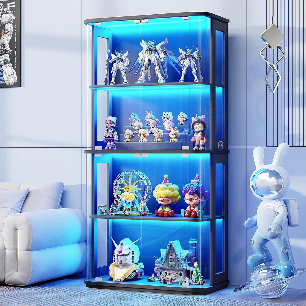 BROTTAR Rounded Display Cabinet with Glass Door, 4-Tier Curio Cabinet with Transparent Full-Display Surface for Collectibles, Glass Display Case with 3 Color Lights, Human Body Sensor, Black