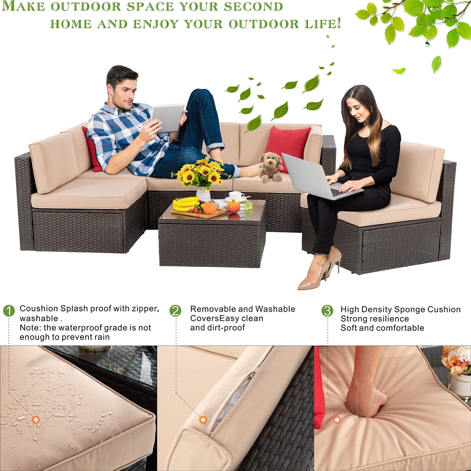 Vongrasig 6 Piece Patio Furniture Set, Small Outdoor Sectional Sofa Couch, All Weather PE Wicker L-Shaped Corner Patio Sofa Garden Backyard Patio Conversation Set w/Glass Table, Beige
