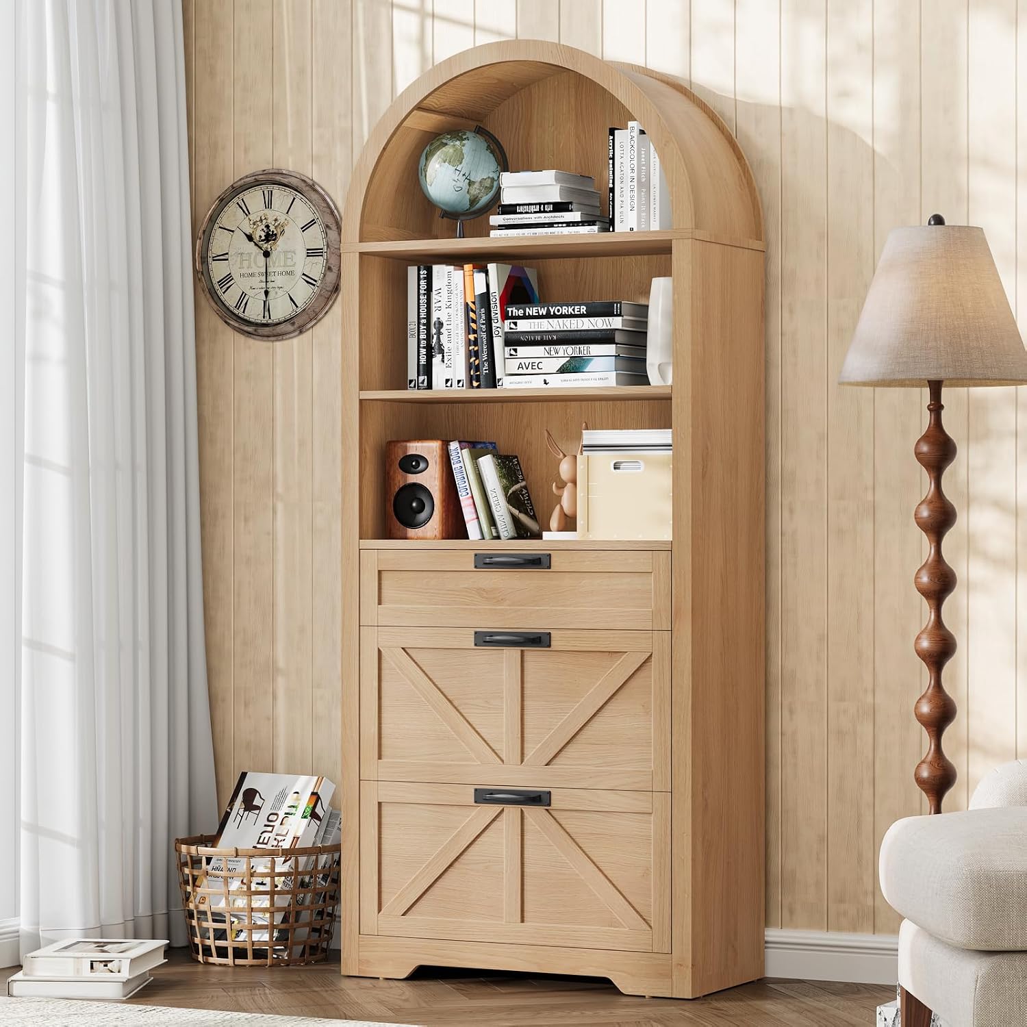 Vabches 71' Tall Arched Bookcase, 3-Tier Bookshelf with File Cabinet Drawer, Farmhouse Freestanding Wooden Bookshelves, Large Open Display Storage Shelves for Home Office, Living Room, Natrual