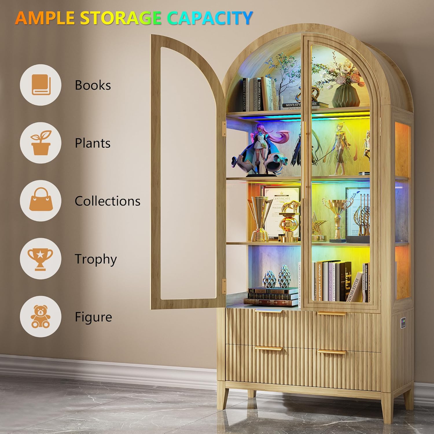 LVSOMT 71' Tall Arched Storage Cabinet with Glass Doors and Drawers, Curio Display Cabinet with Adjustable RGB Light & Human Sensor, 4-Tier China Cabinet for Living Room(Wood)