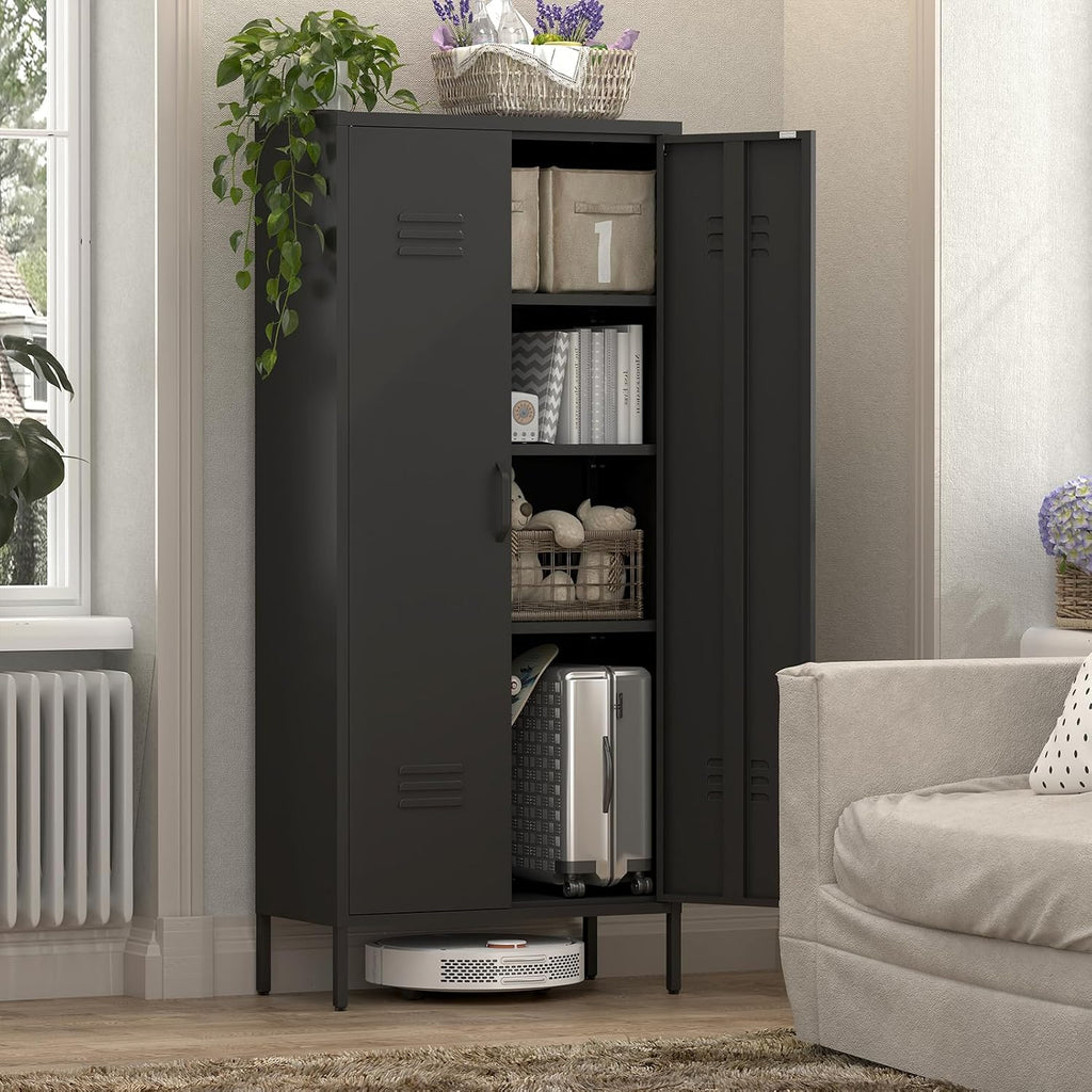 IRONFFICE Storage Cabinet,Metal Cabinets with Doors and Shelves,2 Door Metal Storage Cabinets with Legs,Black Tall Cabinet for Home Office,Utility Room