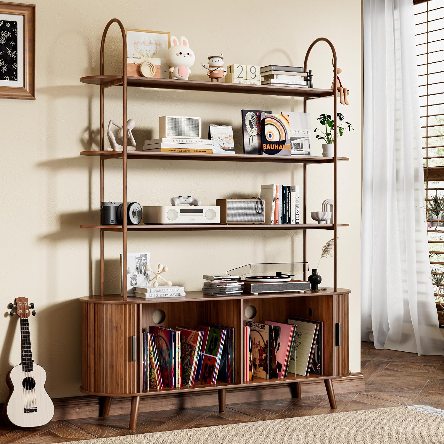 Tall Large Vinyl Record Player Stand, Fluted Long Record Storage Cabinet with Sliding Doors, Mid Century Modern Bookshelf, 4 Tier Media Display Shelf, Arched Turntable Stand for Living Room, Walnut