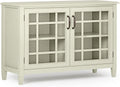 SIMPLIHOME Connaught Storage Cabinet - 46 inch Wide Solid Wood Low Storage Cabinet in Antique White, Traditional Console for Living Room, Entryway, or Dining Room with Glass Doors and Shelves