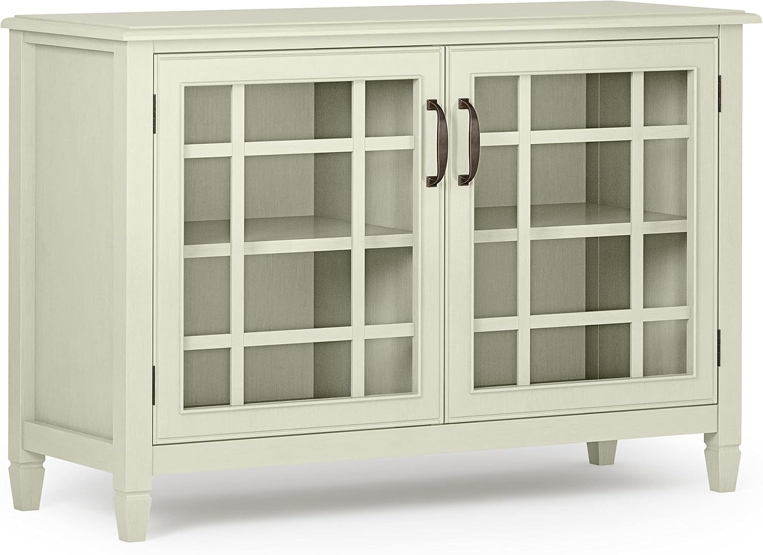 SIMPLIHOME Connaught Storage Cabinet - 46 inch Wide Solid Wood Low Storage Cabinet in Antique White, Traditional Console for Living Room, Entryway, or Dining Room with Glass Doors and Shelves