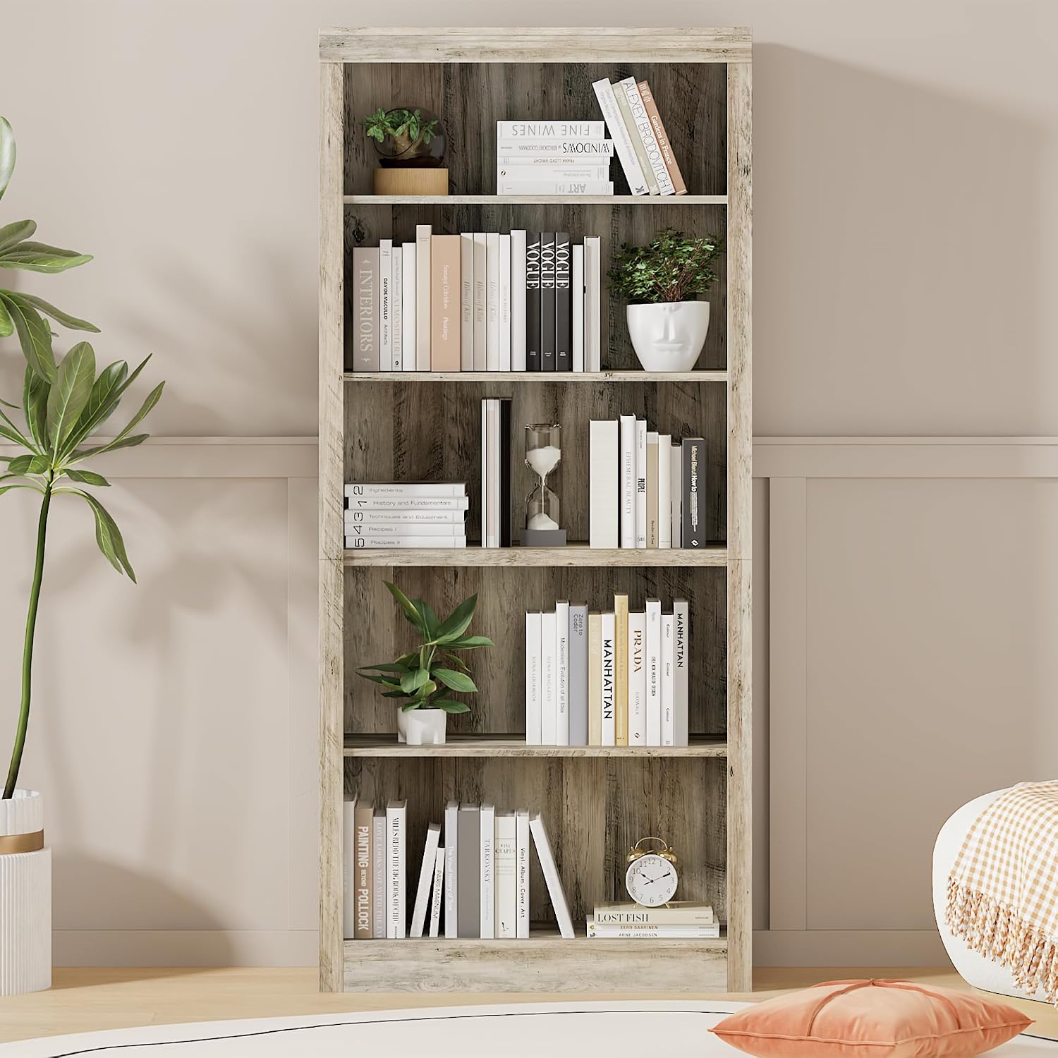 GarveeHome 71 in Tall Bookcase,Wooden Bookshelf with 5 Tiers, Modern Book Shelf in Ivory White, Floor Standing Display Shelves for Bedroom, Living Room and Office for Home