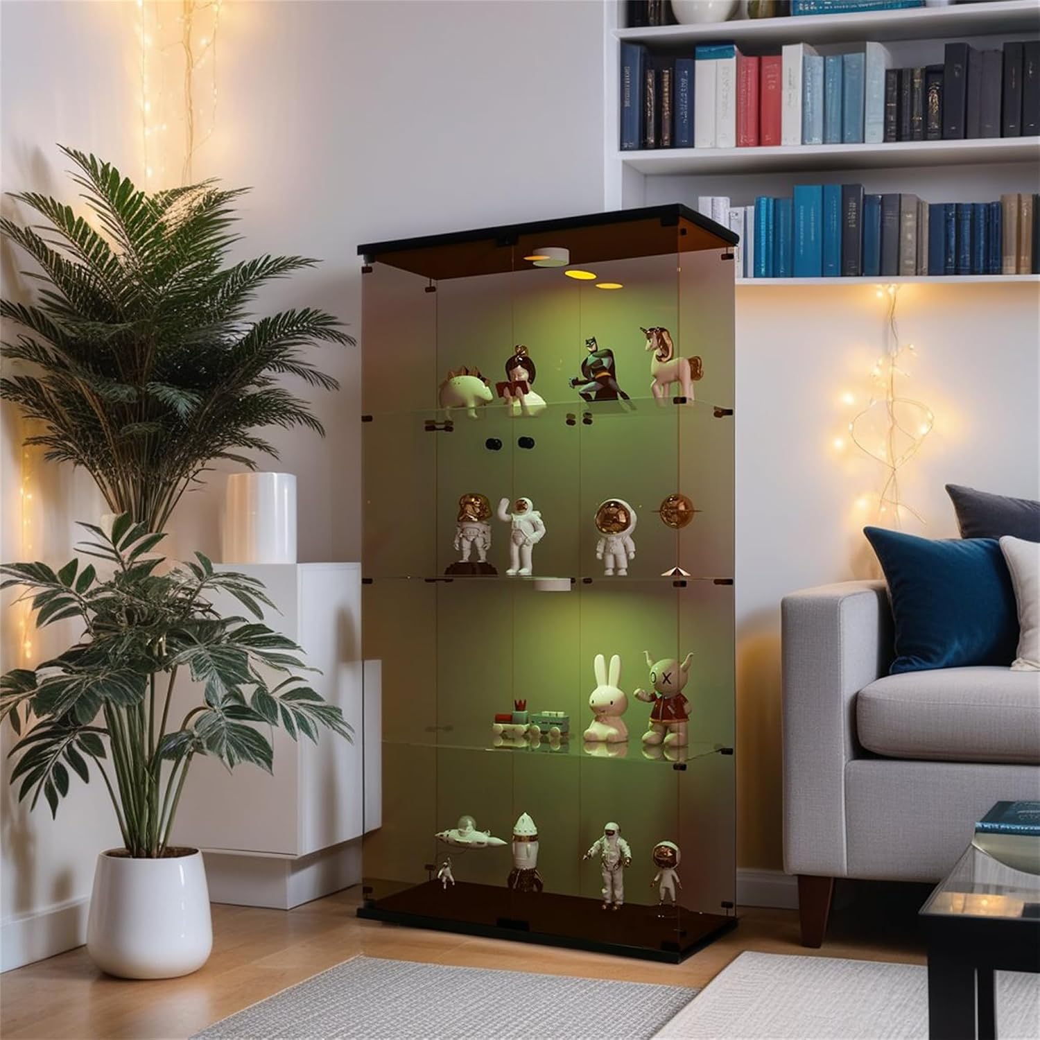 Glass Display Cabinet with Lights and Lock, 4-Tier Display Case Curio Cabinet with Glass Door, Floor Standing Showcase for Living Room Bedroom Home Office 31' W x 14.3' D x 64.5' H