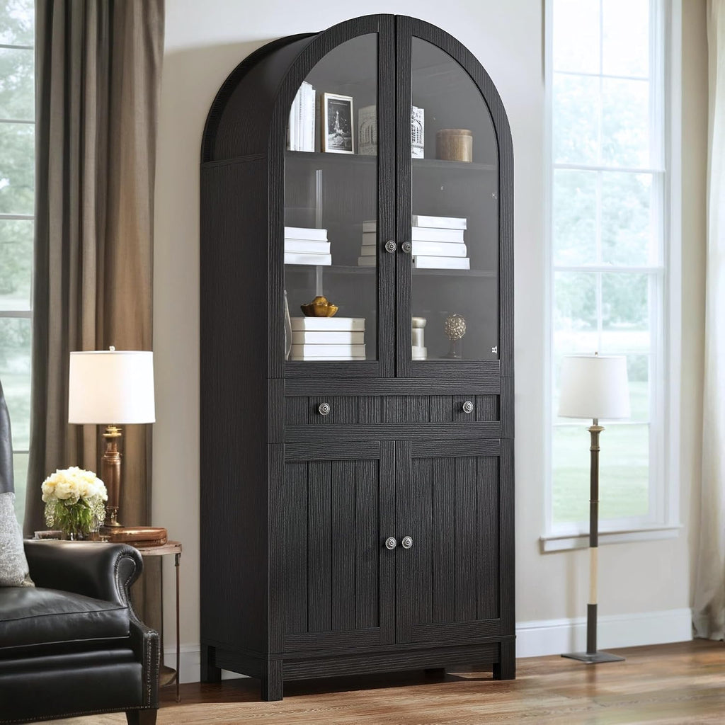 DWVO Arched Pantry Cabinet, 71' Tall Glass Door Display Storage Cabinets W/Drawer & Adjustable Shelves, Farmhouse Versatile Cupboard Bookshelf for Kitchen Dining Living Room, Black