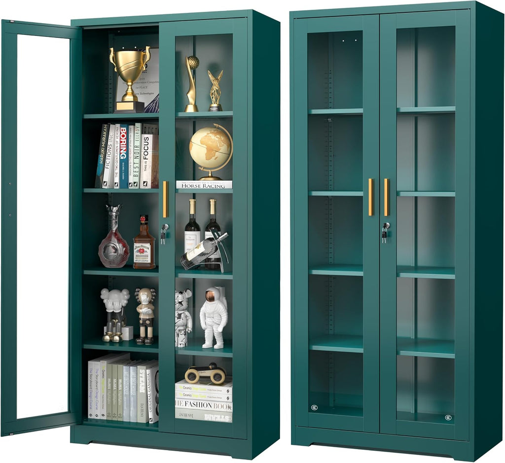 Polup Curio Cabinets with Glass Doors, 71' Glass Display Cabinet with Lock, Tall Bookcase with Adjustable Shelves, Locking China Cabinet for Living Room, School, Commercial, Office, Plant, Green
