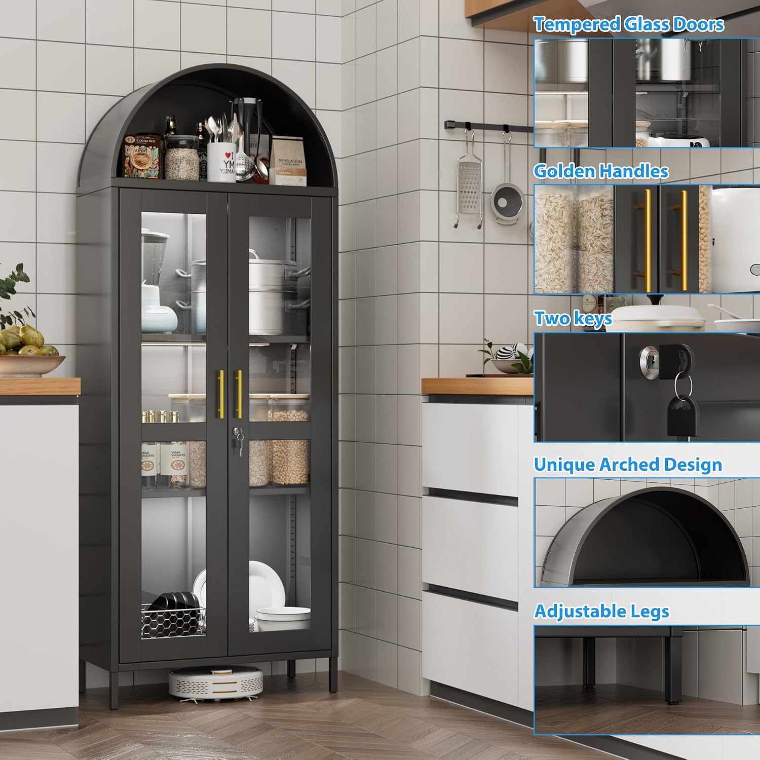 Metal Arched Display Cabinet with 3 Lights,Lockable Arch Cabinet with Glass Doors and 2 Adjustable Shelf for Home Office,Assembly Required,Black, 72.83' H×27.6' W×13.8' D