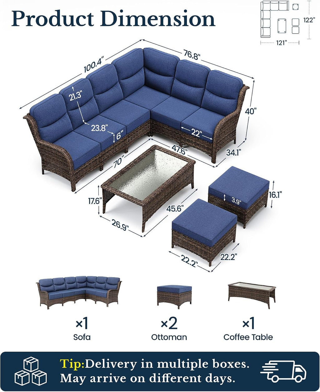 HILLGA 4-Piece Luxury Patio Furniture Set with 6' Thick Cushions, Weather-Resistant Wicker High Back Swivel Rocker Chairs,Senior-Friendly Outdoor Corner Sofa Set for Deck,Yard and Poolside,Blue(V2)