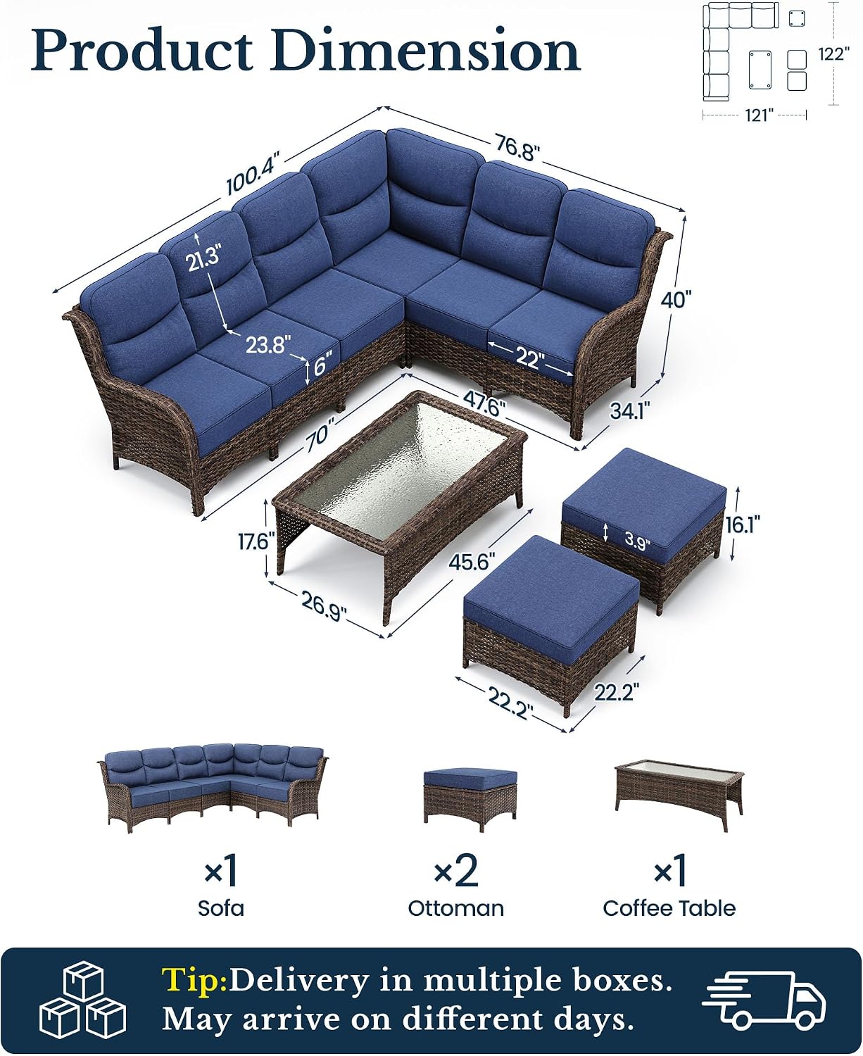 HILLGA 4-Piece Luxury Patio Furniture Set with 6' Thick Cushions, Weather-Resistant Wicker High Back Swivel Rocker Chairs,Senior-Friendly Outdoor Corner Sofa Set for Deck,Yard and Poolside,Blue(V2)
