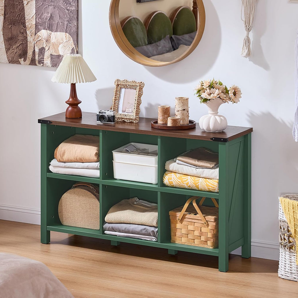Joaxswe 6 Cube Storage Organizer, Farmhouse Green 47 Inch Wide Horizontal Bookshelf, Wooden 2 Tier Display Book Shelf, Rustic Low Book Case for Living Room (Green, 6 Cube (13.6'D x 47.24'W x 29.7'H))
