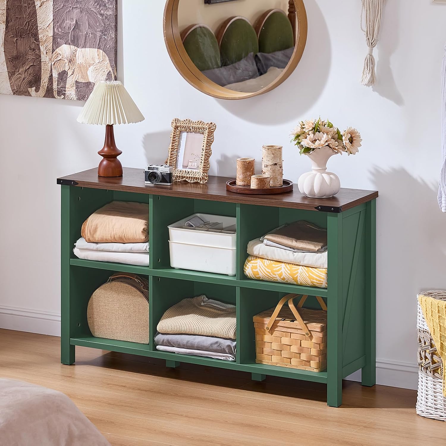 Joaxswe 6 Cube Storage Organizer, Farmhouse Green 47 Inch Wide Horizontal Bookshelf, Wooden 2 Tier Display Book Shelf, Rustic Low Book Case for Living Room (Green, 6 Cube (13.6'D x 47.24'W x 29.7'H))