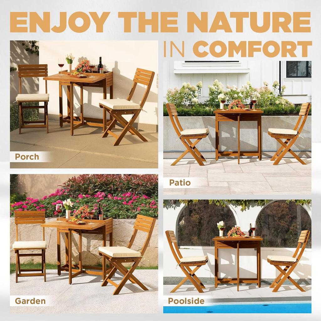IDZO Natural 3-Piece Bistro Set: Foldable 400lbs Chairs, 220lbs Shelf Table, FSC Acacia Wood, Washable Cushions, Ergonomic Patio Bistro Sets Design