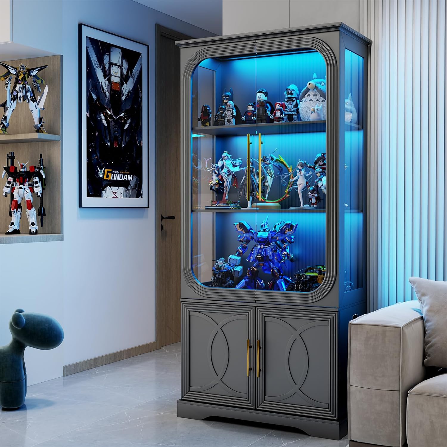 Lareth Display Cabinet with Glass Doors, 69 in Tall Bookcase with LED Lights, Curio Storage Cabinet, 5 Tier Glass Display Case for Living Room, Home Office, Kitchen, Black-2Pcs