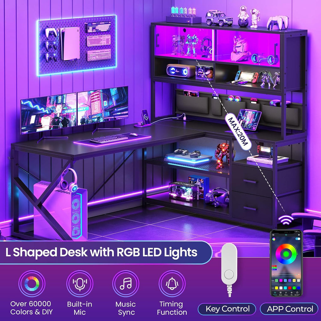 SEDETA L Shaped Gaming Desk, Home Office Computer Desk with 2 Drawer and Bookshelf, L Shaped Gaming Desk with LED Light, Glass Cabinet and Storage Bag, Corner Desk with Storage Shelves, Black