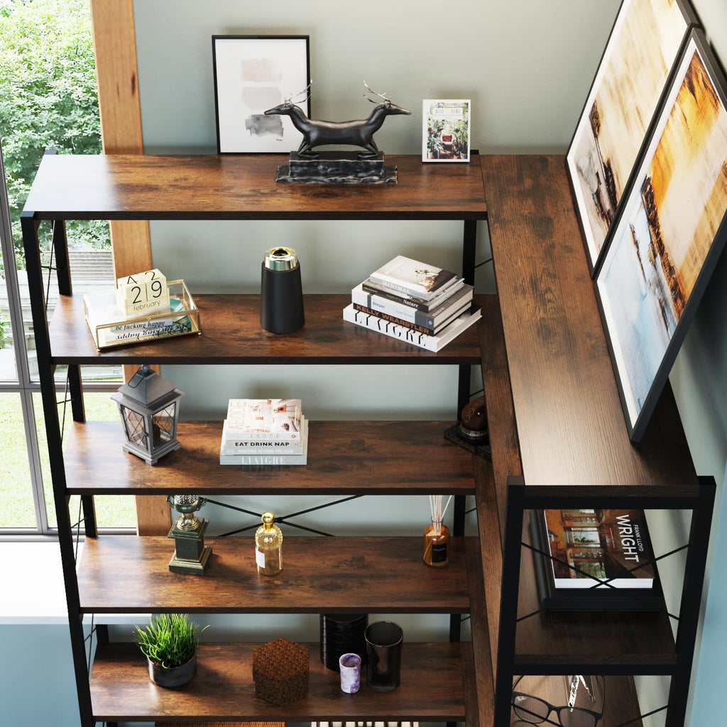 Wildhome 6-Shelf Corner Bookshelf, Vintage Industrial Corner Shelf Etagere Bookcase, Large Book Shelf with Metal Frame Open Storage Corner Cabinet (Brown-Lockers, Large)