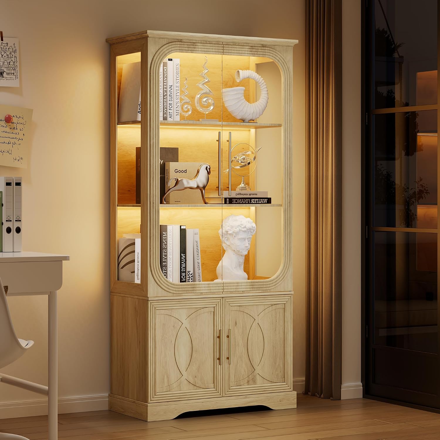 2pc Wood Display Cabinet with Glass Doors, 69' Tall Curio Cabinet with LED Lights, Glass Display Case with Storage and 3 Shelves for Living Room, (Oak-2)