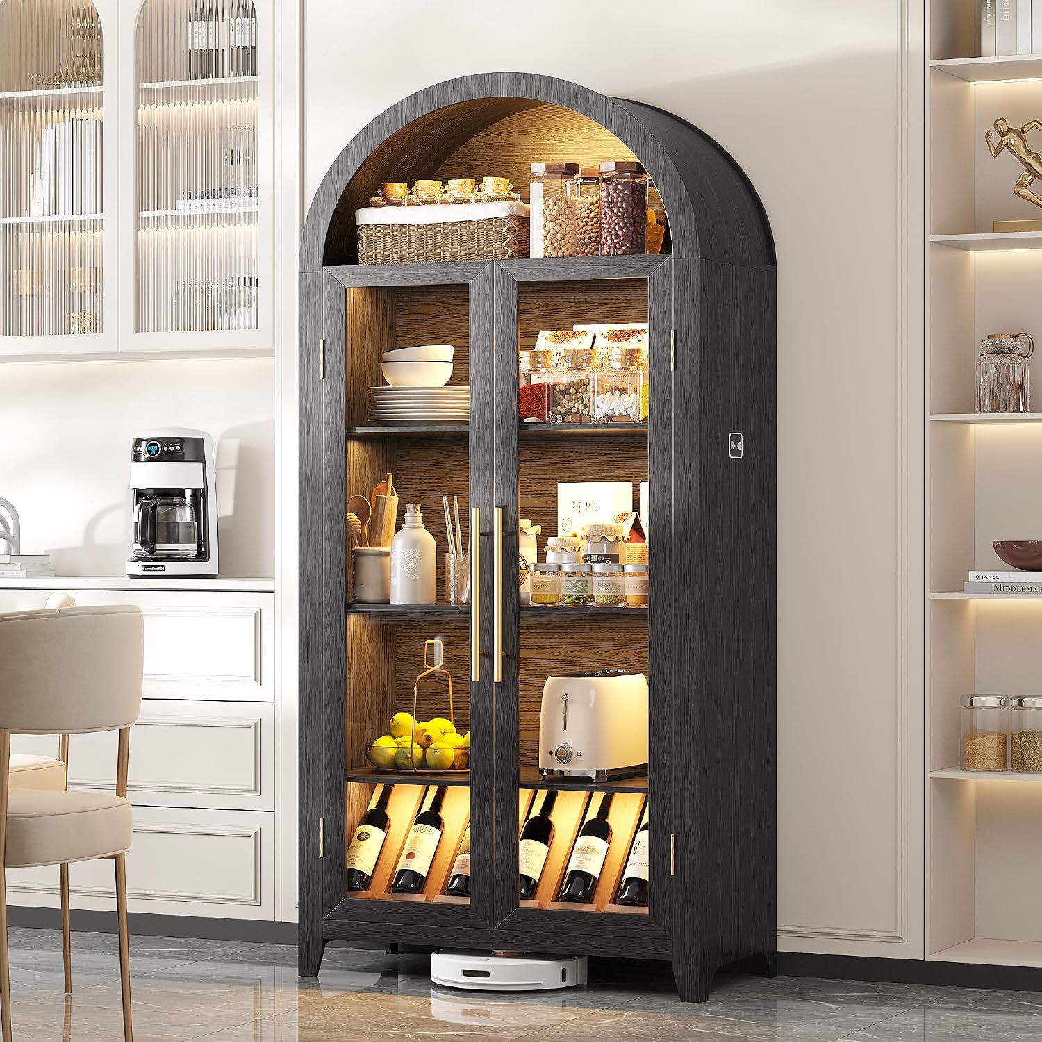 Vlsrka 71' Arched Kitchen Pantry Storage Cabinet with Glass Doors, 5-Tier Display Cabinets for Collectibles, Arched Tall Bookcase with LED Light & Human Sensor, Curio Cabinet with Adjustable Shelf