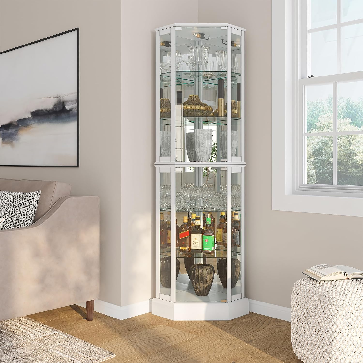 BELLEZE Lighted 3-Side Glass Display Curio Cabinet with Tempered Glass Doors and Shelves, Curved Wood Corner Cabinet with Bulb, Corner Curio Storage Rack for Bar and Liquor Storage - Ashfield (White)
