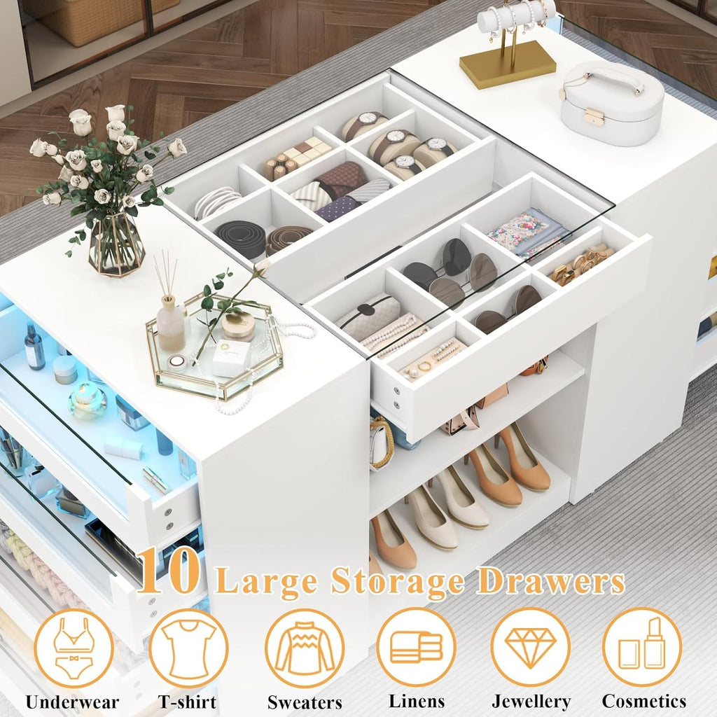 Gyfimoie Closet Island with Drawers, Armoire Wardrobe Closet with LED Lights White Dresser Walk-in Closets with Glass Top for Bedroom & Cloakroom