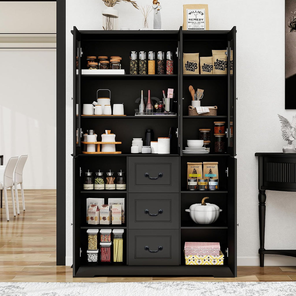 70.9' Tall Bookcase Display Storage Cabinet Hutch with Glass Doors & Drawers - Curio Display Bookshelf Kitchen Pantry for Home, Kitchen, Living Room.