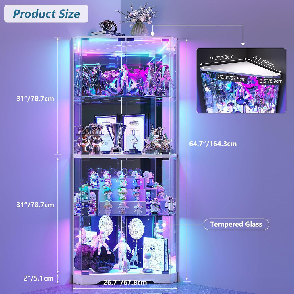 TAGELIER Corner Display Cabinet with Glass Doors, 64.7' Tall Curio Cabinet with RGB Lights for Collectibles, 4-Tier Showcase Display Case with Human Sensor for Toys, Books, White