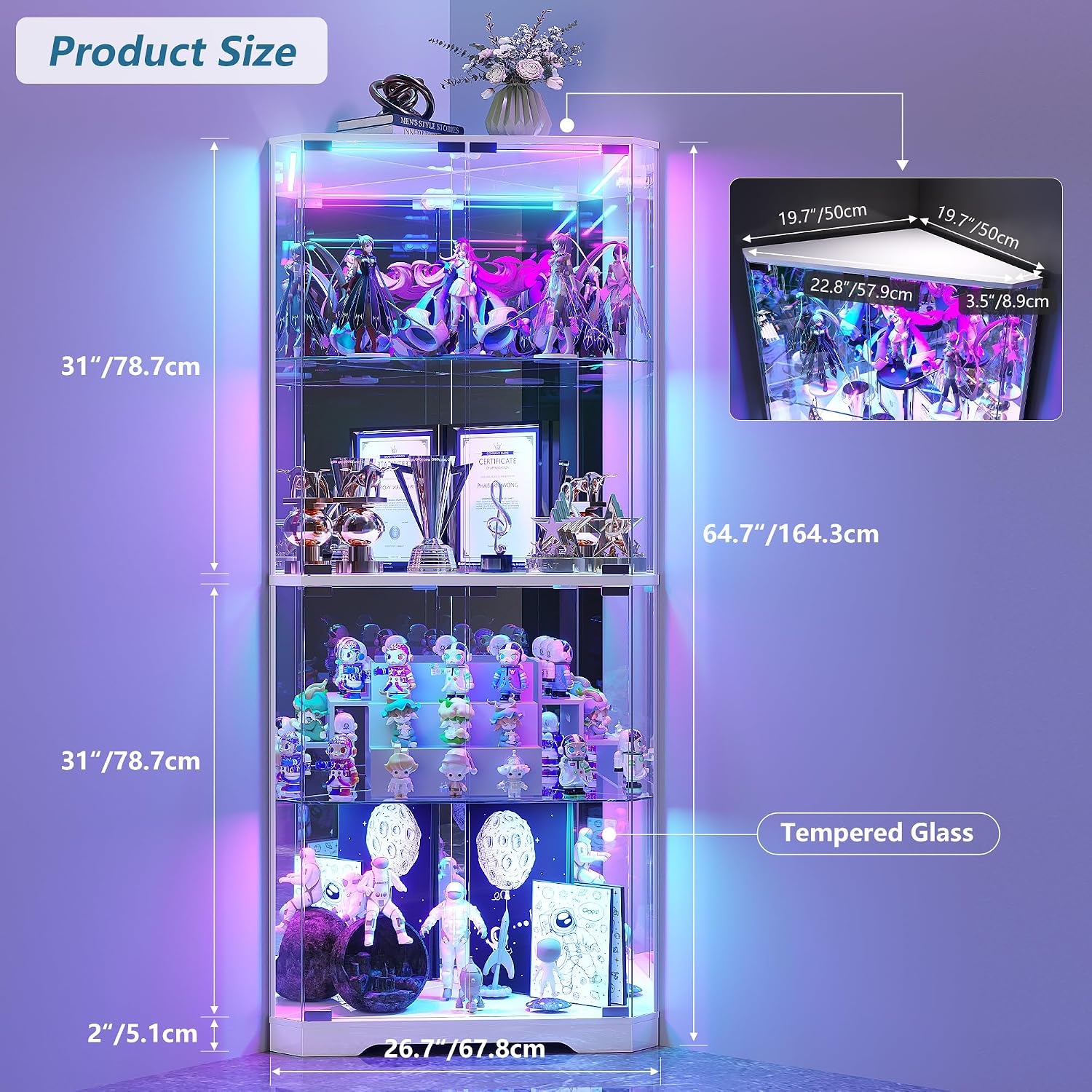 TAGELIER Corner Display Cabinet with Glass Doors, 64.7' Tall Curio Cabinet with RGB Lights for Collectibles, 4-Tier Showcase Display Case with Human Sensor for Toys, Books, White