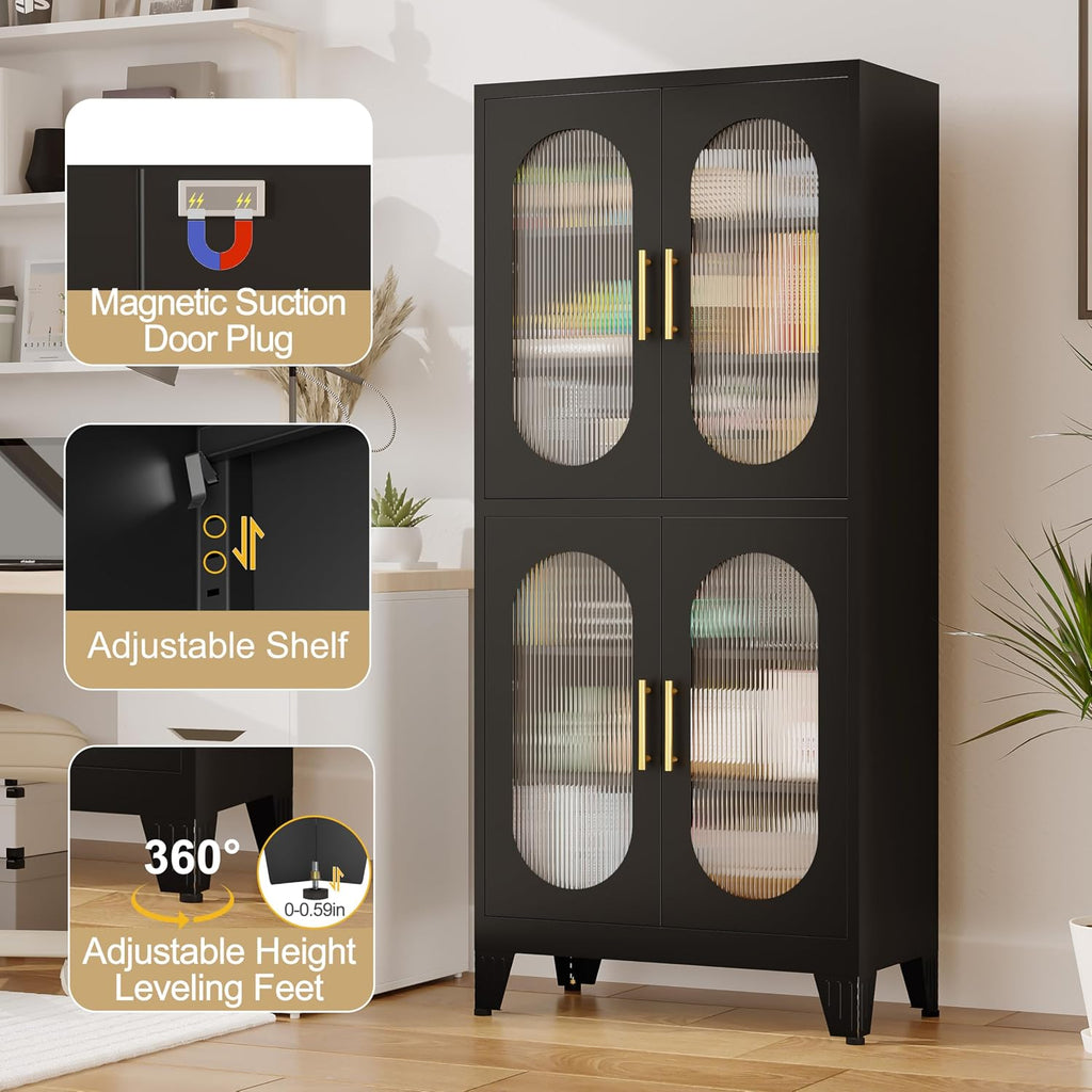 GAIOUS Black Metal Display Cabinet with Acrylic Doors, Kitchen Pantry Cabinets with 4 Adjustable Shelves and Feet, Tall Versatile Storage for Kitchen, Bedroom, Bathroom, Entryway, and Office