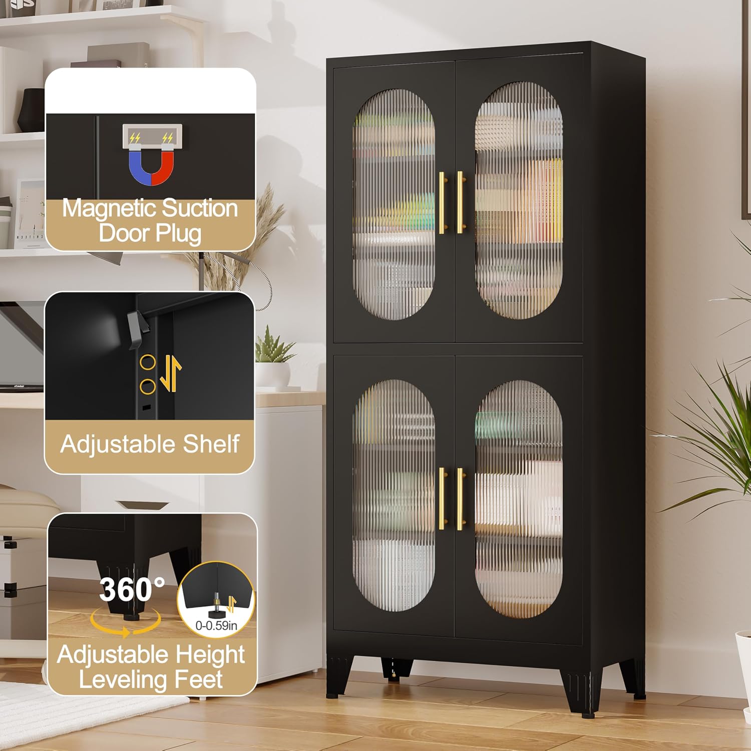 GAIOUS Black Metal Display Cabinet with Acrylic Doors, Kitchen Pantry Cabinets with 4 Adjustable Shelves and Feet, Tall Versatile Storage for Kitchen, Bedroom, Bathroom, Entryway, and Office