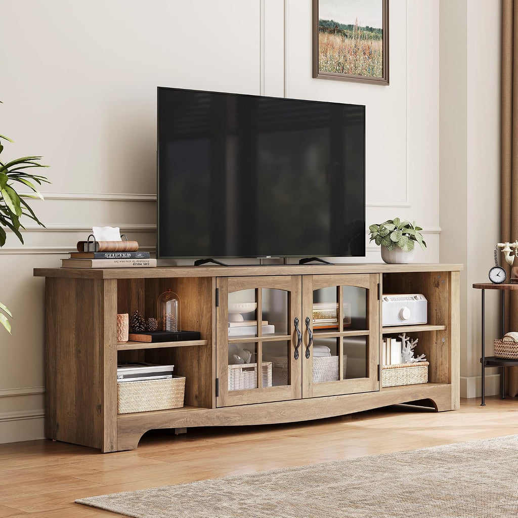 LINSY HOME TV Stand for 75 Inch TV, Modern Farmhouse Entertainment Center with Storage Cabinets and Glass Doors, Tall Media Console Table for Living Room, Bedroom, Large Long Television Stand, Brown
