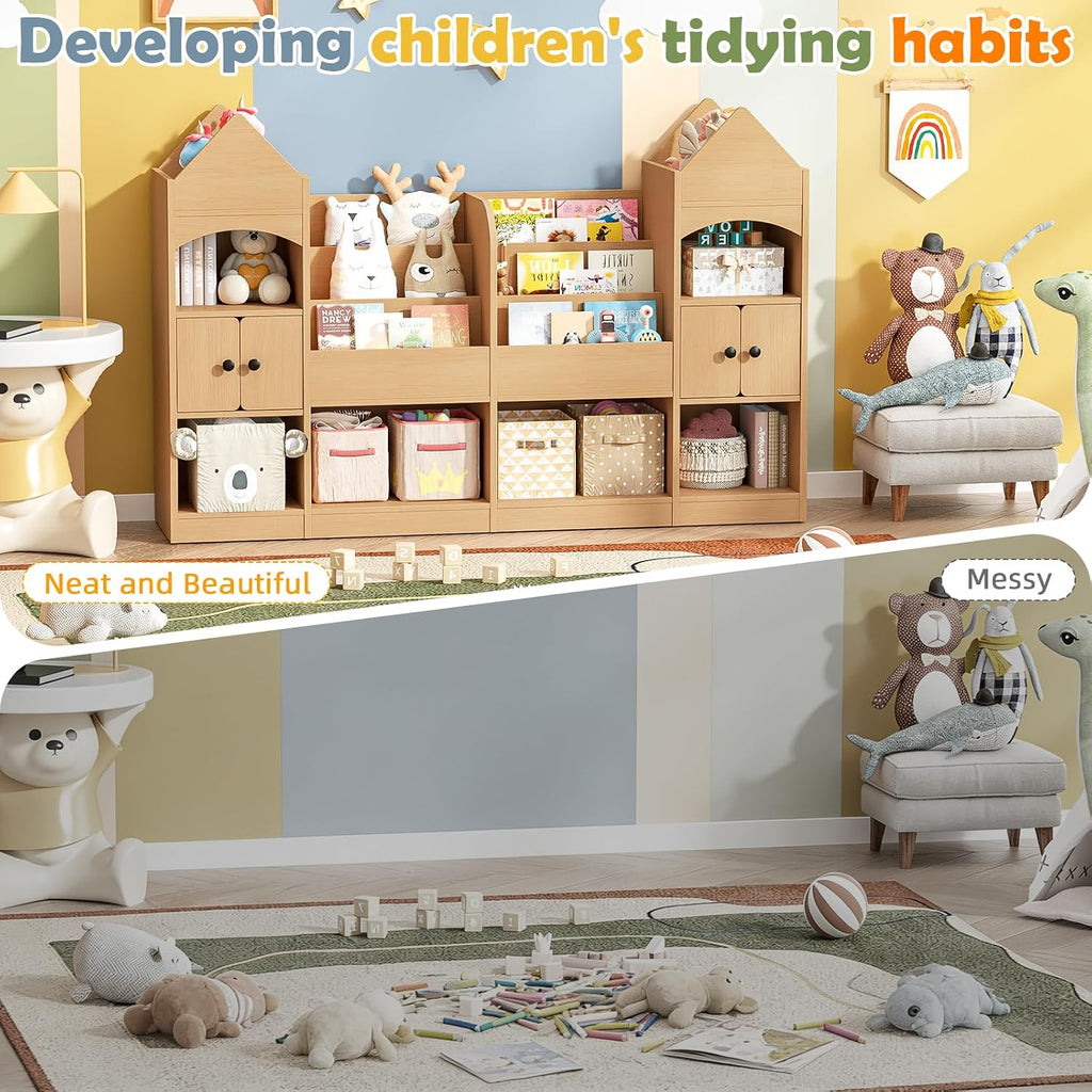 Vabches Castle Shape Children's Bookshelf, Kids Bookcase Display Case Kids Toy Storage Organizer Multifunctional Storage Cabinet Bookshelf Suitable for Playroom, Children's Room, Living Room, Oak
