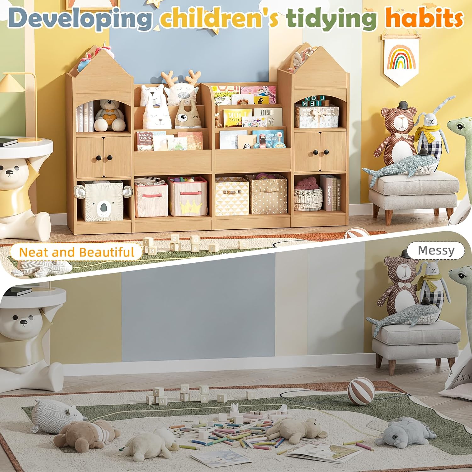 Vabches Castle Shape Children's Bookshelf, Kids Bookcase Display Case Kids Toy Storage Organizer Multifunctional Storage Cabinet Bookshelf Suitable for Playroom, Children's Room, Living Room, Oak