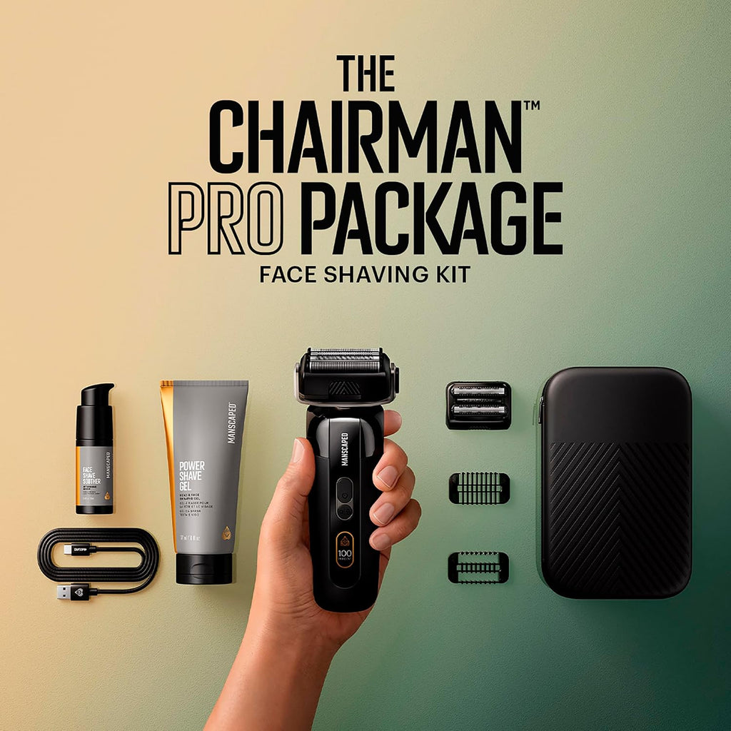 MANSCAPED® The Chairman™ PRO Package - Men's Electric Face Shaver with Two Interchangeable Blades, SkinSafe® Four-Blade Foil & Stubble Trimmer, Power Shave Gel, Face Shave Soother Aftershave