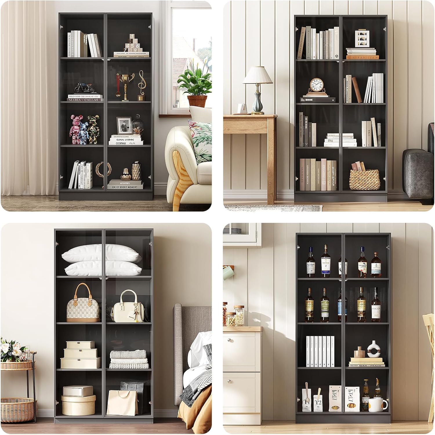 Glass Display Cabinet with LED Lights, Display Case Bookcase with 4-Tier Shelves, Curio Cabinet with 2 Glass Doors, Storage Cabinet for Collectibles, Living Room