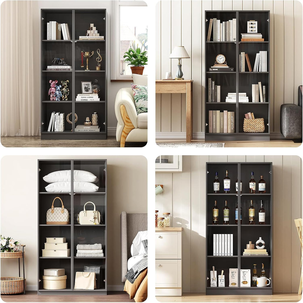 Glass Display Cabinet with LED Lights Set of 2, Display Case Bookcase with 4-Tier Shelves, Curio Cabinet with 2 Glass Doors, Storage Cabinet for Collectibles, Living Room