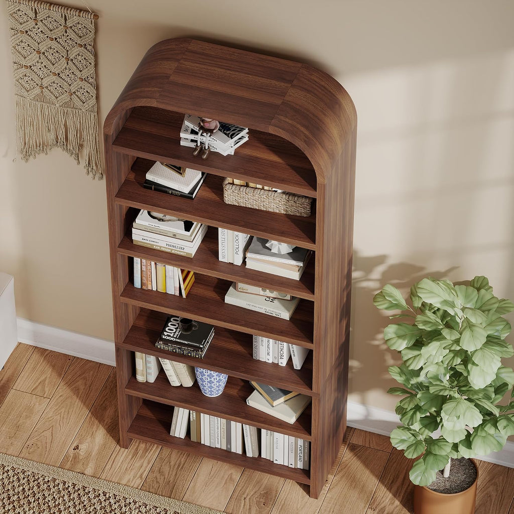 LEVNARY 70' Tall Arched Bookcase, 7-Tier Freestanding Storage Cabinet with Adjustable Shelves, Thick MDF Bookshelf for Bathroom Living Room Bedroom (Walnut)