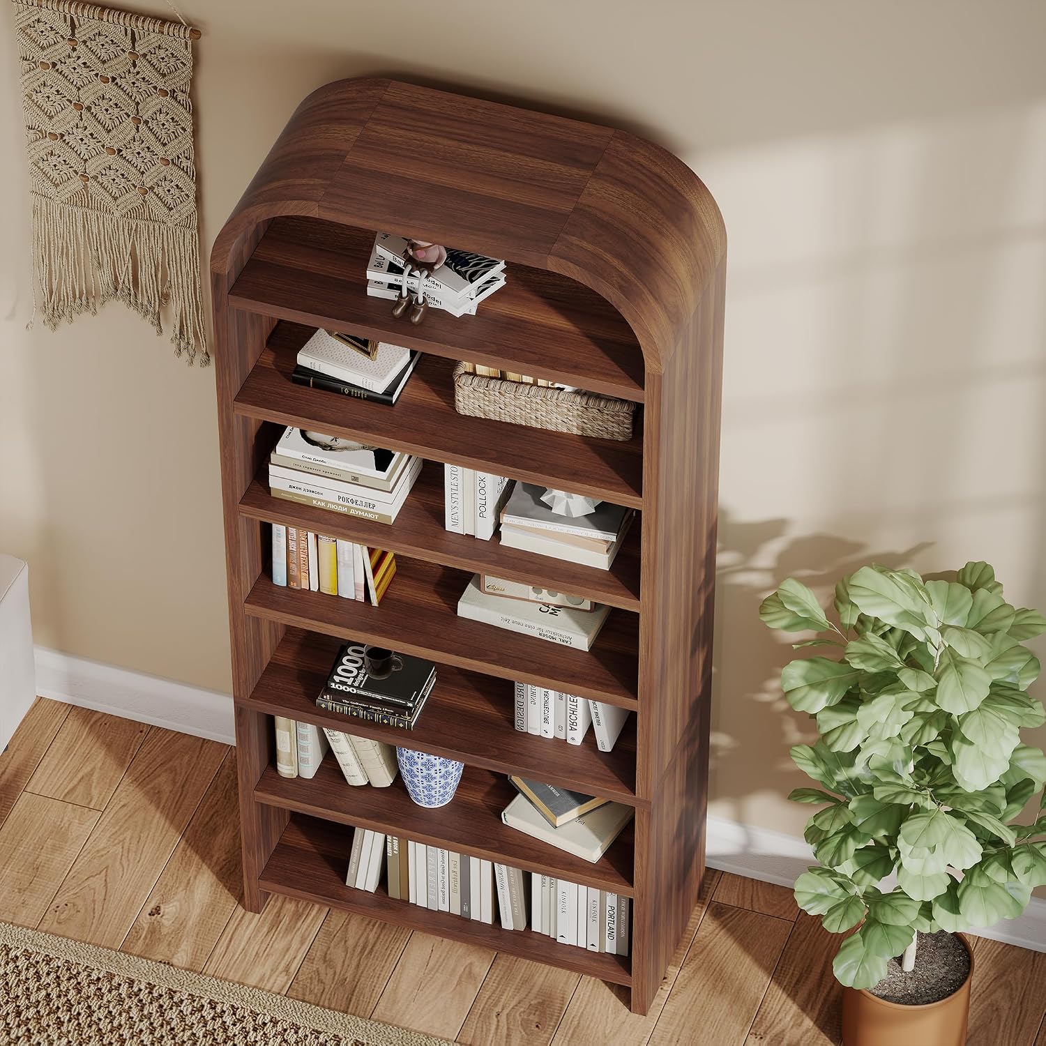 LEVNARY 70' Tall Arched Bookcase, 7-Tier Freestanding Storage Cabinet with Adjustable Shelves, Thick MDF Bookshelf for Bathroom Living Room Bedroom (Walnut)
