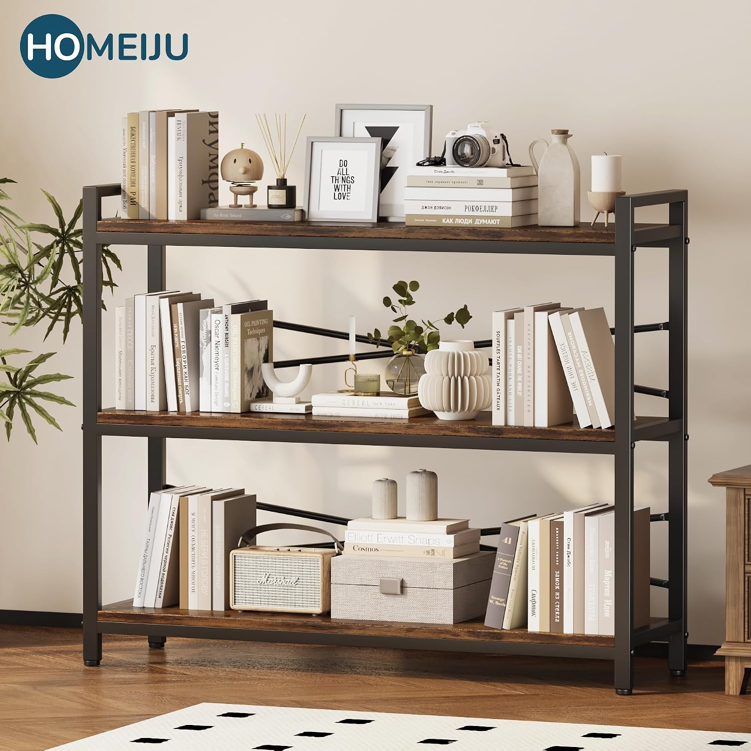 3 Tier Bookshelf 39.37' Width, Long Industrial Bookcase, Vintage Farmhouse Modern Wooden Big Book Shelf for Home Living Room Bedroom Office Storage(Rustic Brown)