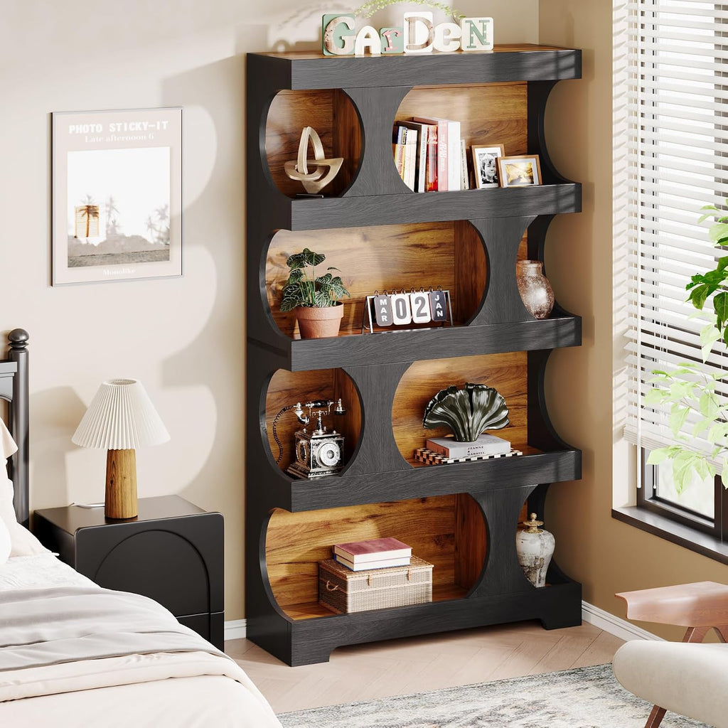 Tribesigns 71' Tall Bookcase, 4-Tier S-Shaped Bookshelf, Wood Decorative Storage Shelving, Modern Freestanding Display Shelves, Large Library Book Shelf Unit for Home Office Living Room, Black & Brown