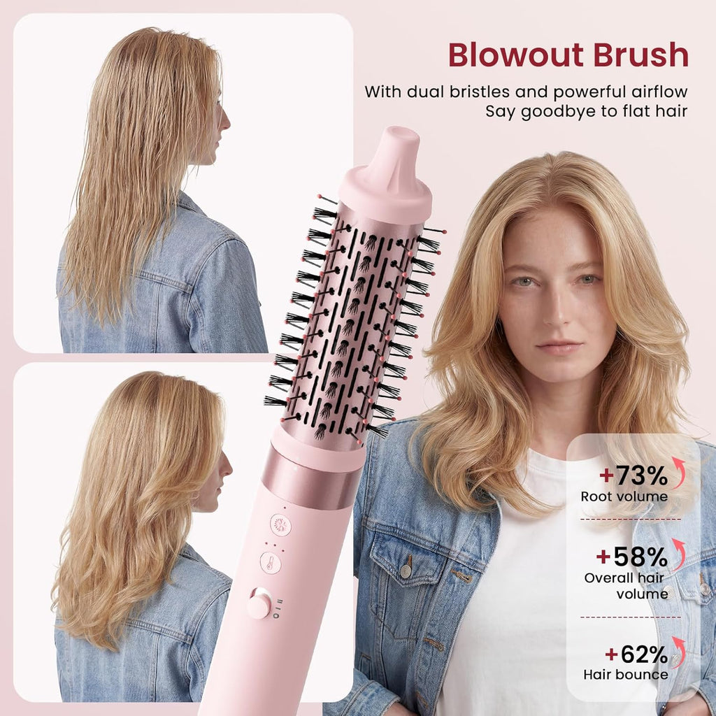 MESCOMB 6 in 1 Hot Air Styler Wrap, Professional Hair Styler with Thermal Round Brush for Blowouts, Fast Drying for Blow Dry, Curling, Volumizing, Straightening, Salon Results in Minutes (Light Pink)