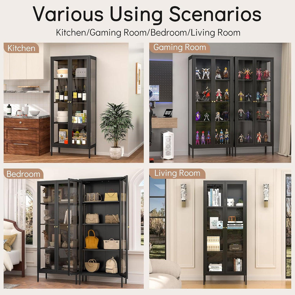 Polup Display Cabinet with 3 Side Tempered Glass, 66' Tall Curio Cabinet with Glass Doors, Black Display Case for Collectibles, Metal Storage Cabinet & Bookcase for Living Room, Assemble Required
