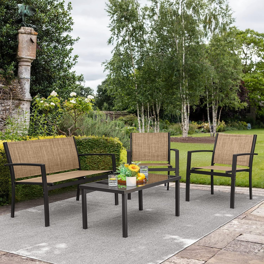 Devoko 4 Pieces Patio Furniture Set Outdoor Garden Patio Conversation Sets Poolside Lawn Chairs with Glass Coffee Table Porch Furniture (Yellow)