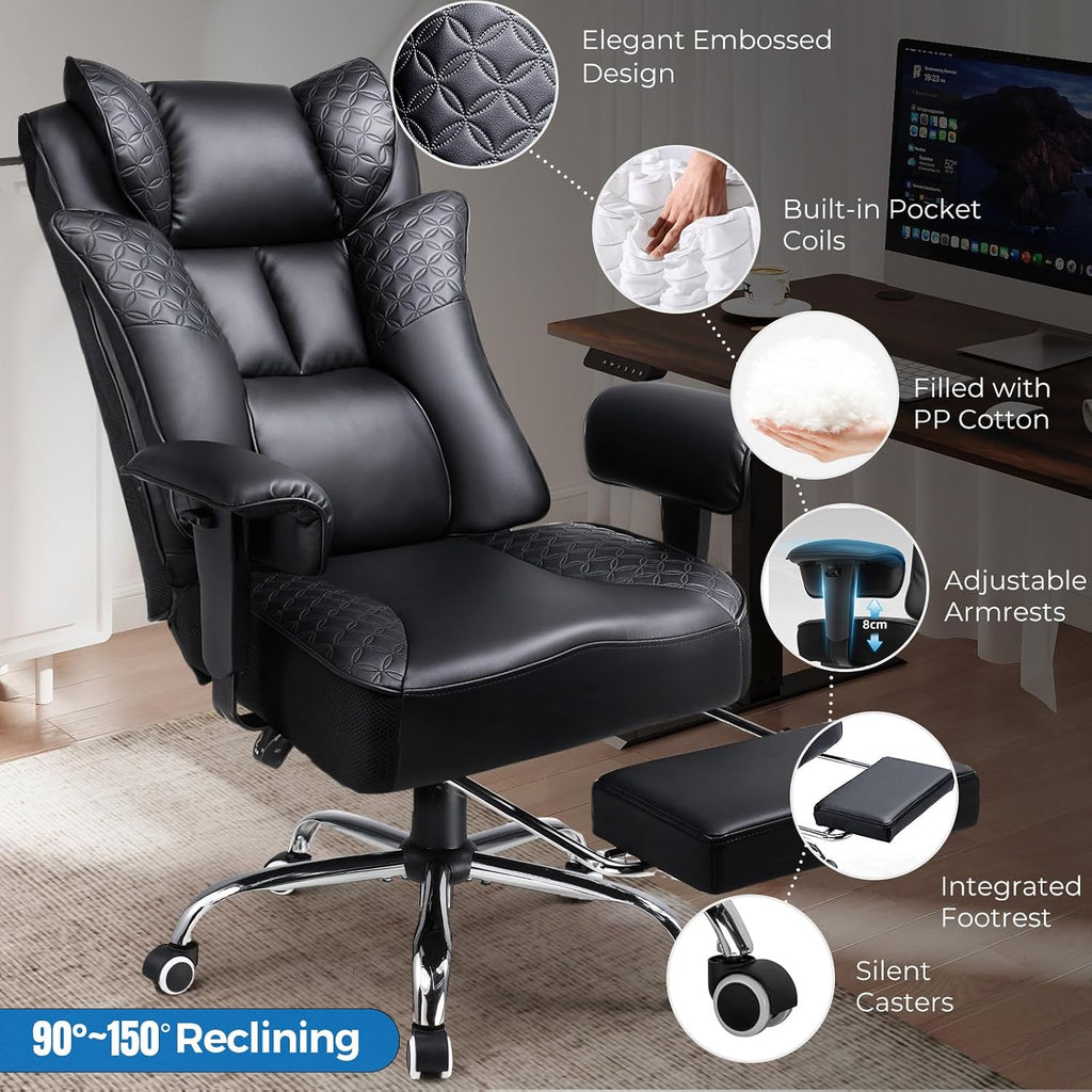 GTPLAYER Big and Tall Office Chair Wide Ergonomic Gaming Chair with Deluxe Embossing Designed Leather with Foot Rest,150°Reclining Adjustable Soft Armrests Pocket Spring Back Support and Pillow
