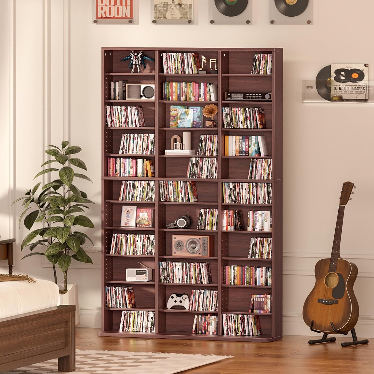 11 Tier Tall Display Cabinet, Walnut Media Storage Cabinet with Adjustable Shelves, Free Standing DVD Organizer Shelf, Floor multimedia storage manga bookshelf for Living Room & Home Office.